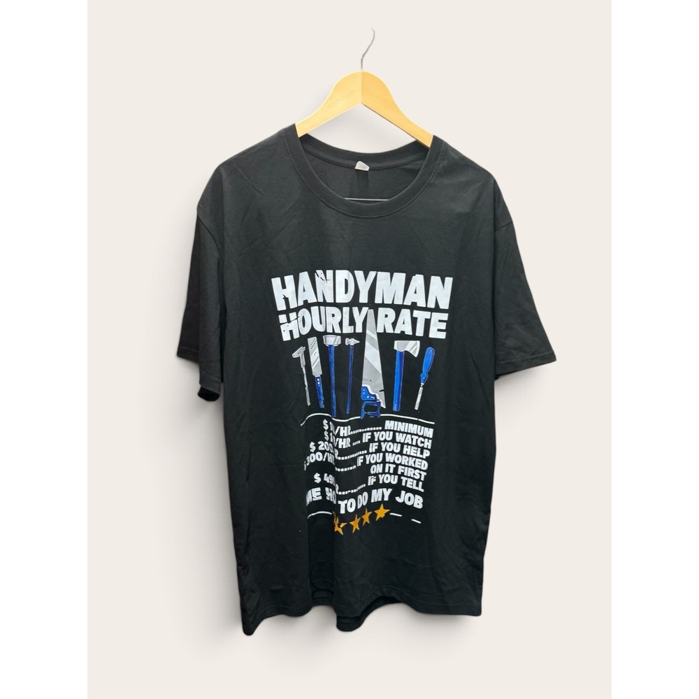 Handyman Hourly Rate Funny Graphic T-Shirt Black Mens 2XL Short Sleeve Tee